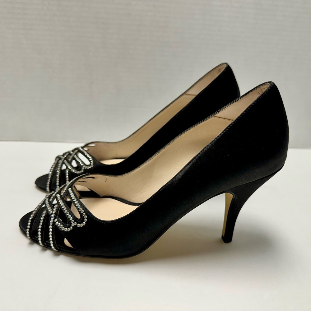 Caparros Charmaine Black Satin & Rhinestone Peep Toe Heels Size 9.5 B Worn Once